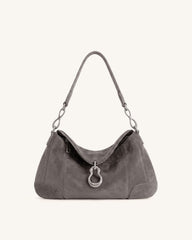 Jayla Faux Suede Metal Pendant Embellished Shoulder Bag - Dark Grey
