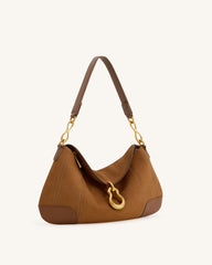Jayla Faux Suede Metal Pendant Embellished Shoulder Bag - Brown