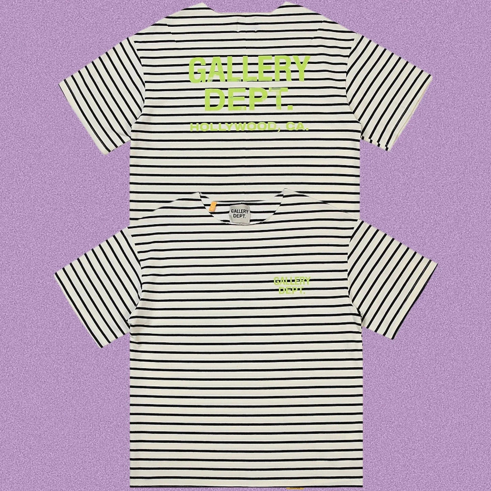 Gallery Dept. Striped Hollywood Logo Short Sleeve T-Shirt - Grey/White