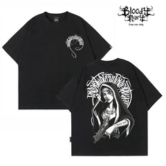 Trendy American Hip Hop Flower Font Black Short Sleeve T-shirt Loose Cotton Heavy Print Top Street West Coast