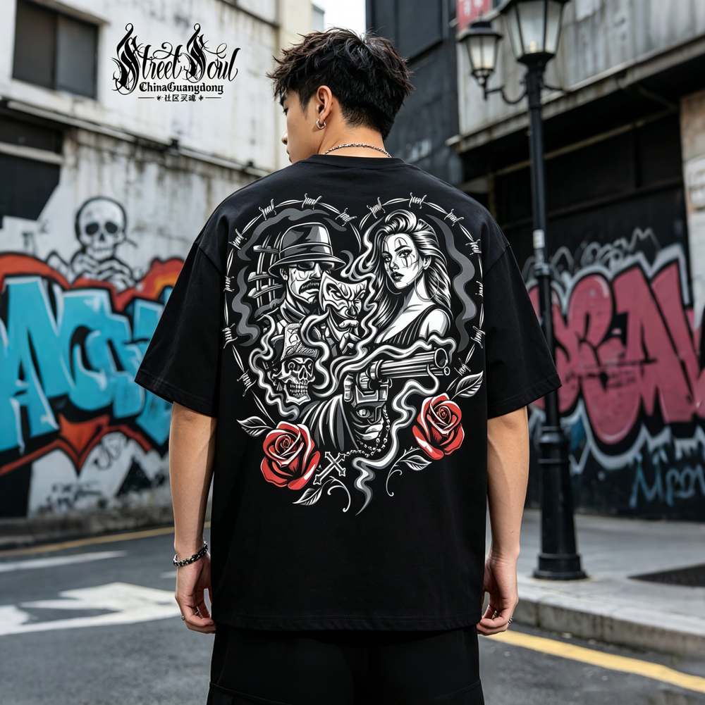 American Fashion Brand Chicano China-Chic Rose Printed Short Sleeve T-shirt Men's Black Round Neck Loose Cotton Rock Style