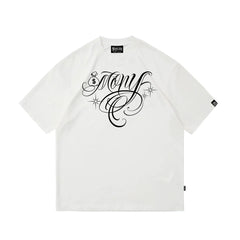 Floral font short sleeved T-shirt, American Chicano fashion brand, loose round neck, street dance, skateboarding, hip-hop tattoo artist design
