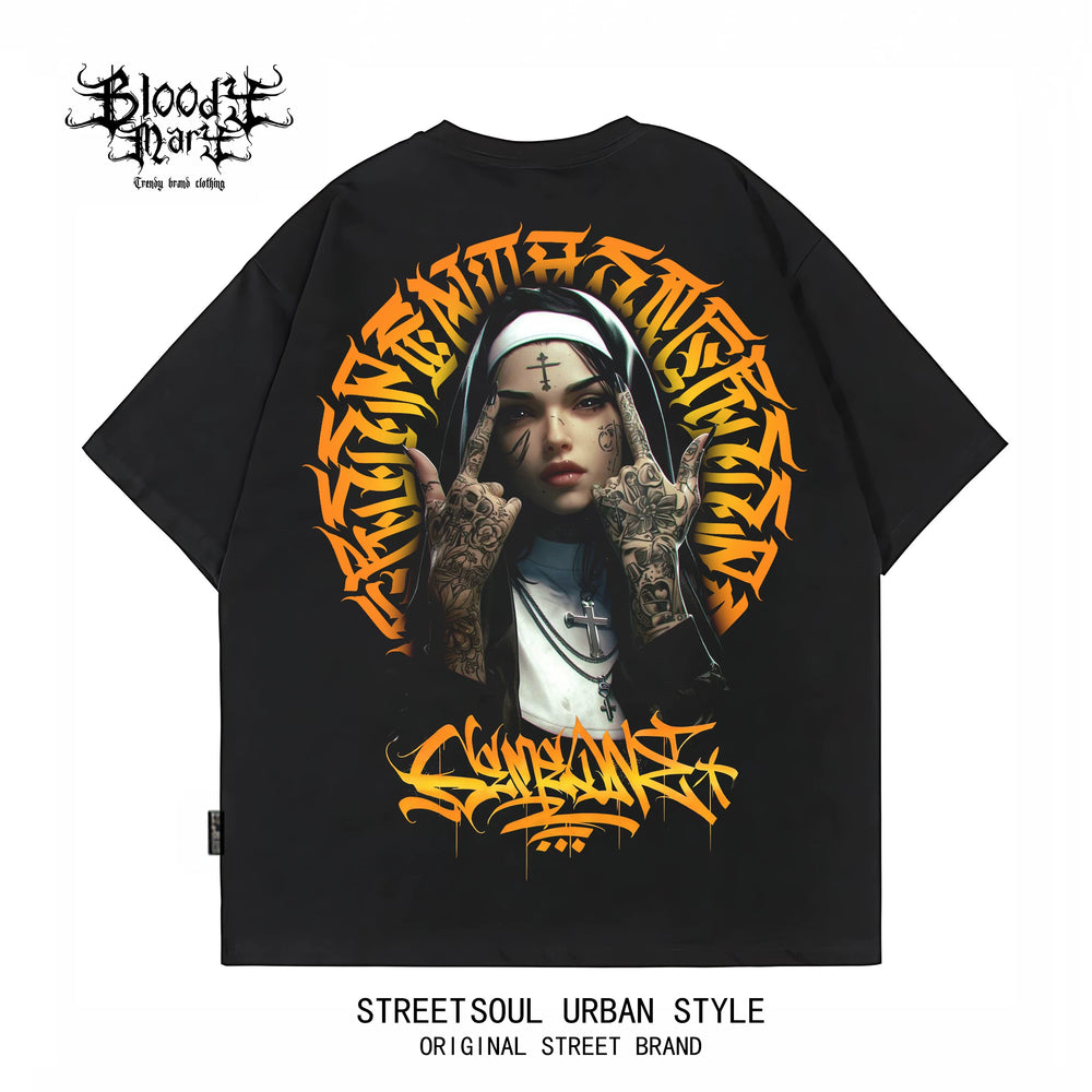 Trendy brand American floral font hip-hop West Coast short sleeved T-shirt men's loose street trendy brand tattoo artist heavyweight pure cotton