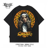 Trendy brand American floral font hip-hop West Coast short sleeved T-shirt men's loose street trendy brand tattoo artist heavyweight pure cotton