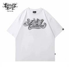 Trendy American street flower font short sleeved loose cotton heavyweight niche hip-hop tattoo artist skeleton T-shirt
