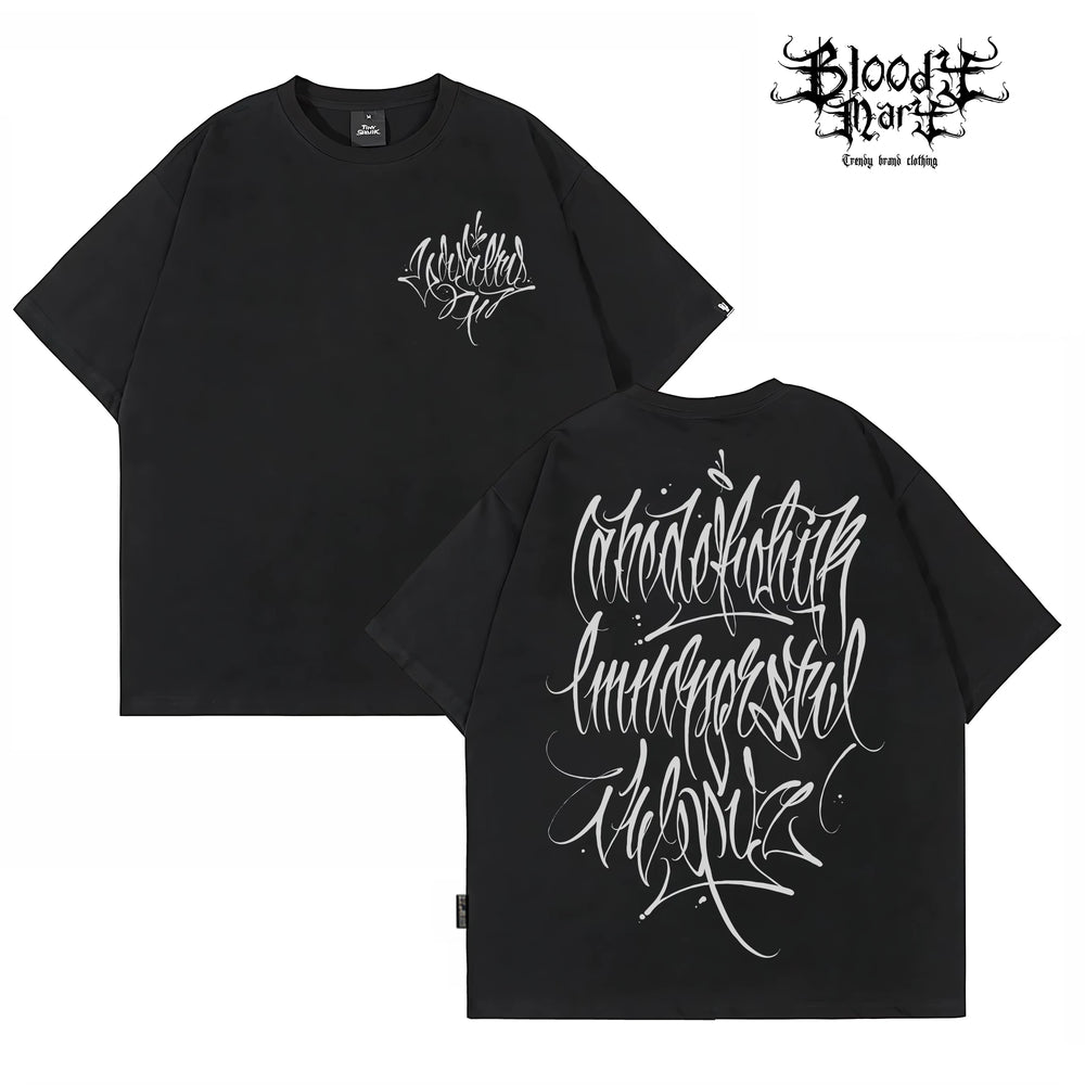 American Trendy Brand Flower Font West Coast Hip Hop Black Short sleeved T-shirt Loose Cotton Heavy duty Letter Printed Trendy Brand