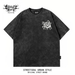 American hip-hop West Coast Chicano skeleton rose print short sleeved T-shirt men's loose dark trend brand top
