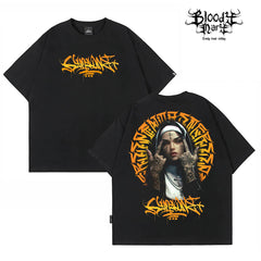 Trendy brand American floral font hip-hop West Coast short sleeved T-shirt men's loose street trendy brand tattoo artist heavyweight pure cotton