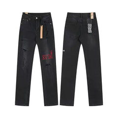 Ksubi Distressed Denim with Red "KSUBI" Print - Washed Black
