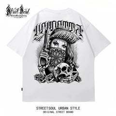 Trendy American West Coast Hip Hop Street Style Short Sleeve T-shirt for Men, Loose and Heavy Weight, Pure Cotton Skeleton, Pure Cotton Tattoo Artist