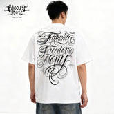 Floral font short sleeved T-shirt, American Chicano fashion brand, loose round neck, street dance, skateboarding, hip-hop tattoo artist design
