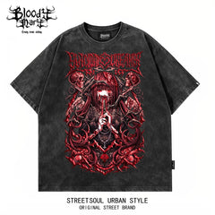 American street dark style anime printed short sleeved T-shirt for men and women, loose fitting washed vintage trendy top