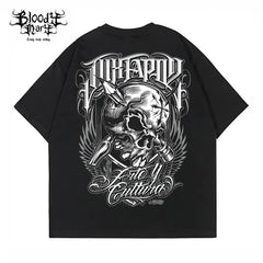 Trendy American street flower font short sleeved loose cotton heavyweight niche hip-hop tattoo artist skeleton T-shirt