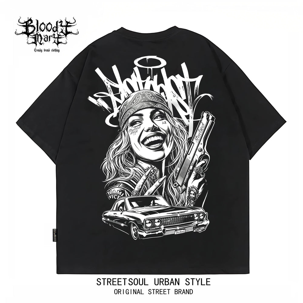 American street dark style printed short sleeved T-shirt for men and women loose couple outfit trendy high street style top