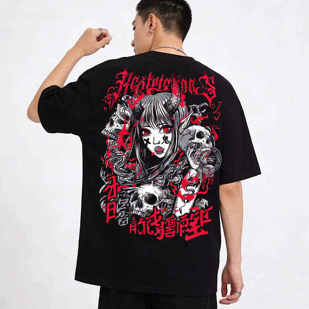 American retro gothic style black loose short sleeved T-shirt, hip-hop fashion brand street dance character print, youth casual