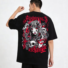 American retro gothic style black loose short sleeved T-shirt, hip-hop fashion brand street dance character print, youth casual