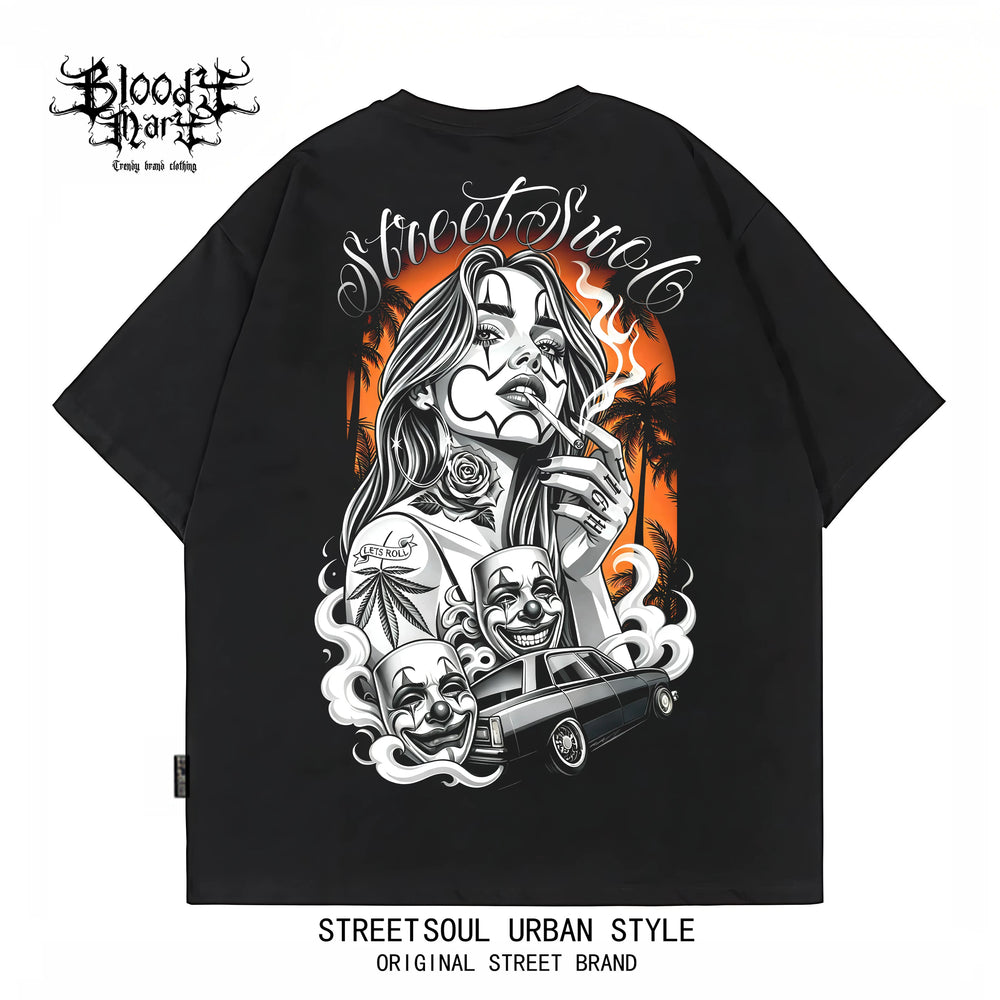 American hip-hop Chicano ins style printed short sleeved T-shirt for men and women loose black trendy brand versatile summer new item