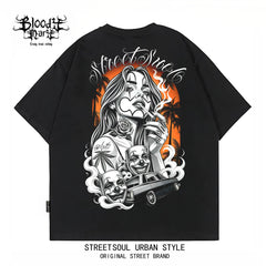 American hip-hop Chicano ins style printed short sleeved T-shirt for men and women loose black trendy brand versatile summer new item