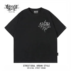 American Trendy Brand Flower Font West Coast Hip Hop Black Short sleeved T-shirt Loose Cotton Heavy duty Letter Printed Trendy Brand