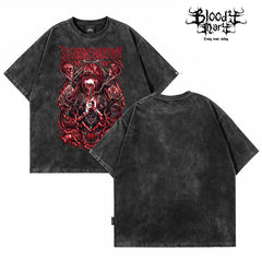 American street dark style anime printed short sleeved T-shirt for men and women, loose fitting washed vintage trendy top
