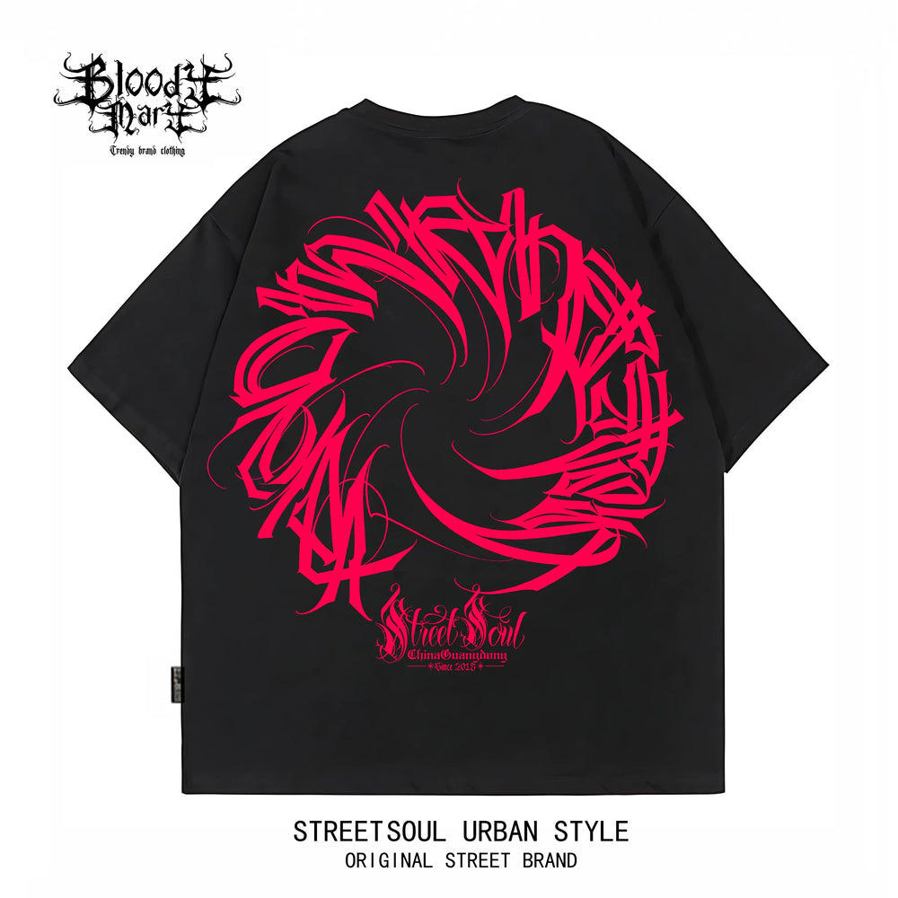 Trendy brand floral font hip-hop street style short sleeved West Coast Chicano T-shirt men's black letter print oversiz
