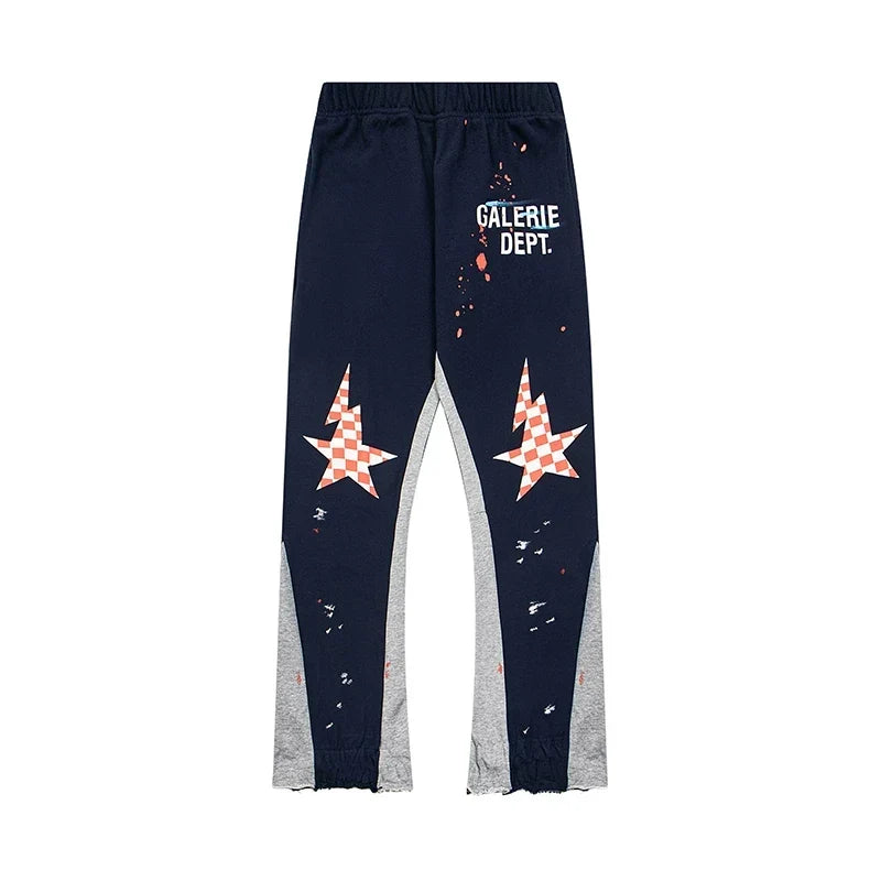 Gallery Dept. "GALERIE DEPT." Checkered Star Graphic Paint Splatter Contrast Panel Sweatpants - Navy & Grey