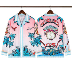 Casablanca Club Feather & Palm Silk-Style Shirt - Pink / Blue