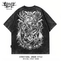 Dark style worn short sleeved T-shirts for men and women anime Abi cartoon printing loose street retro rock top