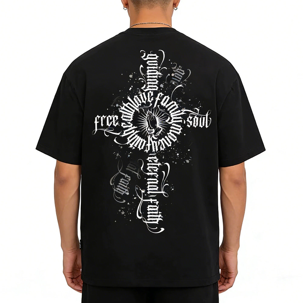 Trendy cross, floral characters, hip-hop, American West Coast prayer hand T-shirt, street dance tattoo artist, gang heavyweight