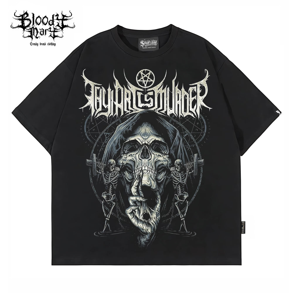 Original trendy retro rock style skull print short sleeved T-shirt black rock band top unisex