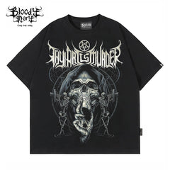 Original trendy retro rock style skull print short sleeved T-shirt black rock band top unisex