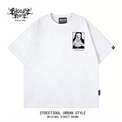 Trendy American retro dark style nun print short sleeved T-shirt for men and women, loose and heavyweight pure cotton high street style top