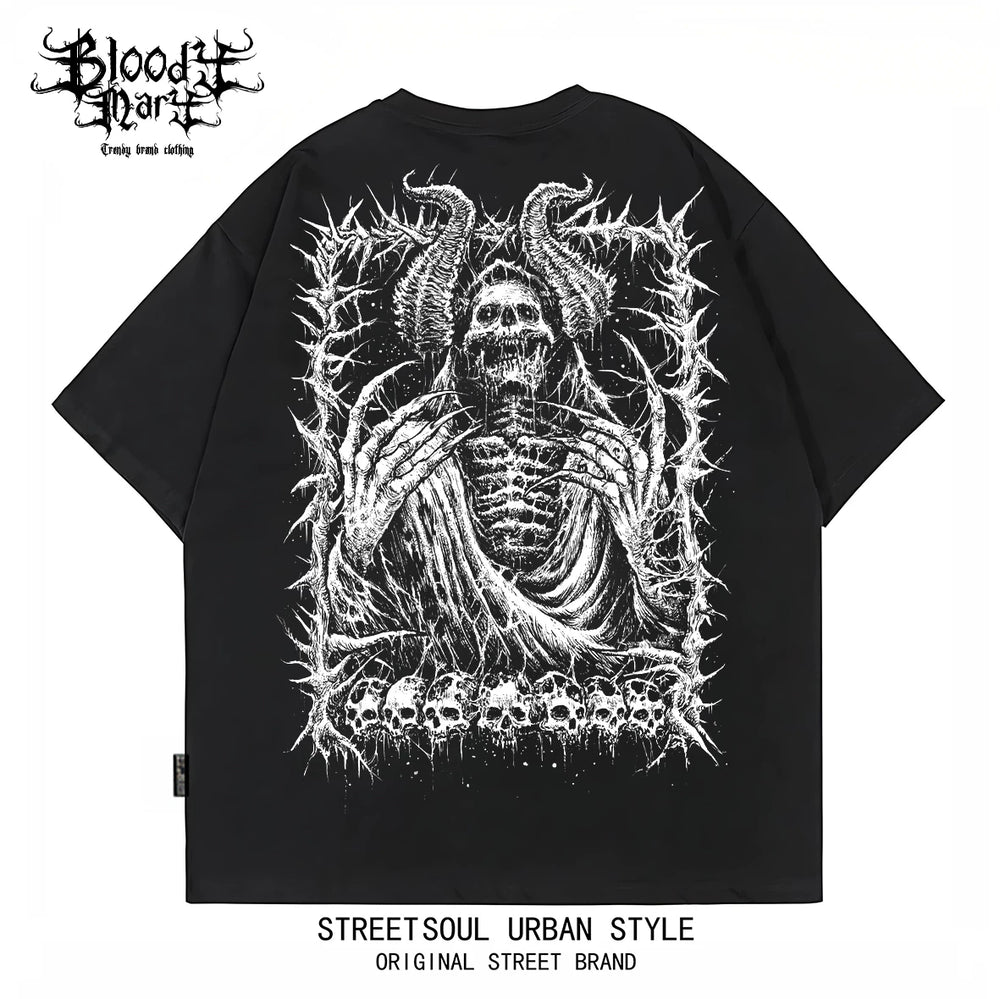 American street dark gothic style skull print short sleeved T-shirt for men and women loose couple outfit trendy brand high street style