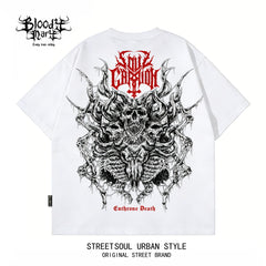 Dark style skull print short sleeved T-shirt for both men and women, loose street retro rock top