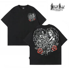American Fashion Brand Chicano China-Chic Rose Printed Short Sleeve T-shirt Men's Black Round Neck Loose Cotton Rock Style