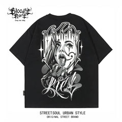 American street dark style floral font West Coast short sleeved T-shirt for men, loose and heavyweight, niche trendy printed top