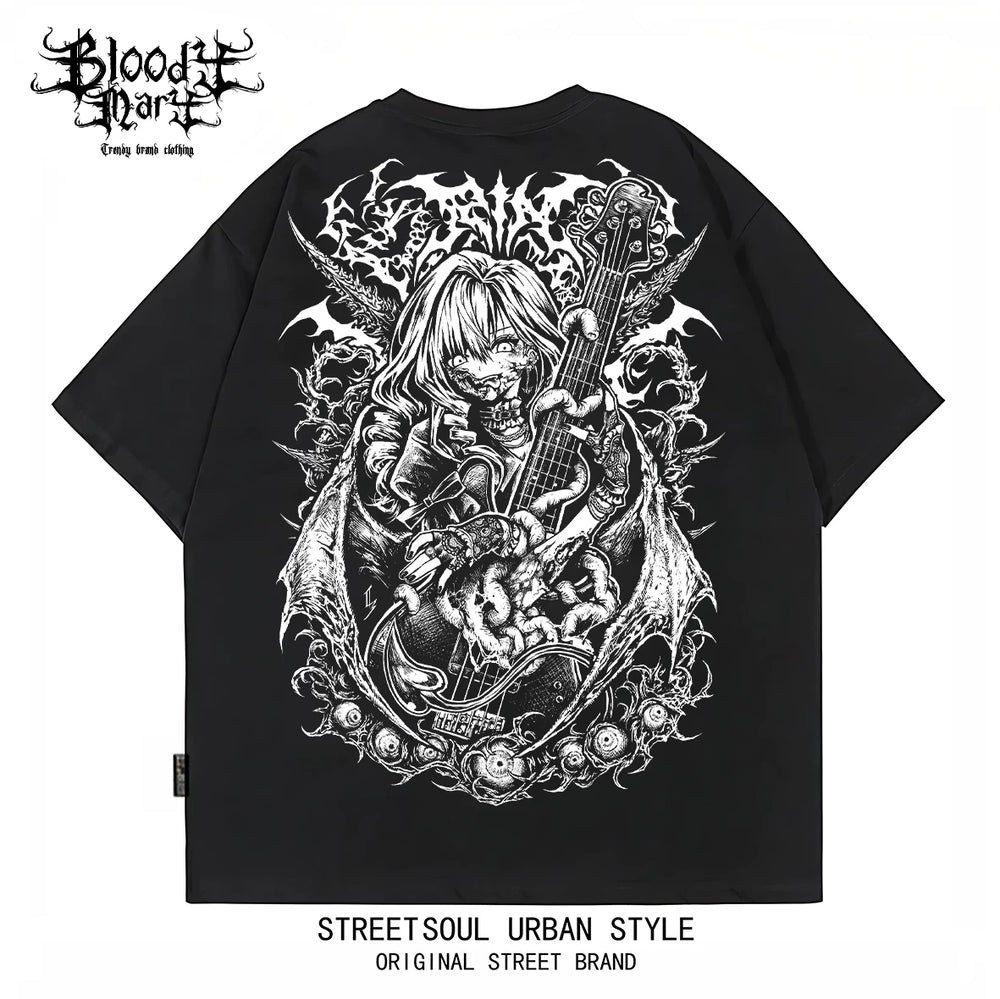 American Hip Hop Skull anime Dead Core Print Short Sleeve T-shirt Men's and Women's Loose Rock Street Black Fashion Label