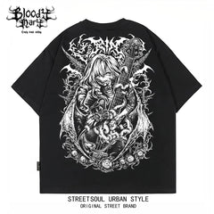 American Hip Hop Skull anime Dead Core Print Short Sleeve T-shirt Men's and Women's Loose Rock Street Black Fashion Label