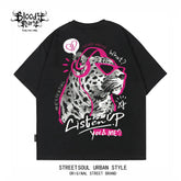 China-Chic style American printed short sleeve T-shirt for men and women loose street trend summer new black T-shirt leopard print