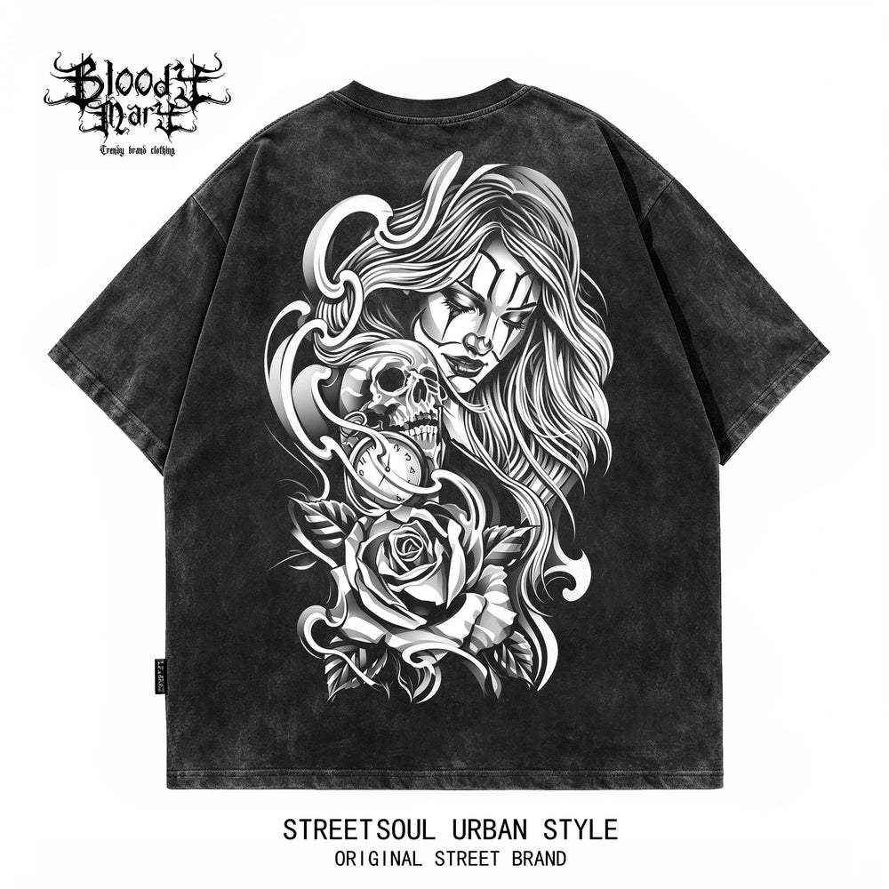 American hip-hop West Coast Chicano skeleton rose print short sleeved T-shirt men's loose dark trend brand top