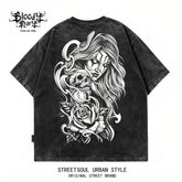 American hip-hop West Coast Chicano skeleton rose print short sleeved T-shirt men's loose dark trend brand top