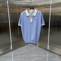 Casablanca Textured Knit Polo Shirt - Light Blue / White