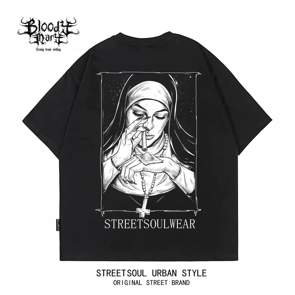 Trendy American retro dark style nun print short sleeved T-shirt for men and women, loose and heavyweight pure cotton high street style top