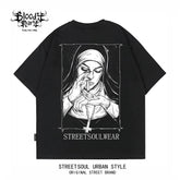 Trendy American retro dark style nun print short sleeved T-shirt for men and women, loose and heavyweight pure cotton high street style top