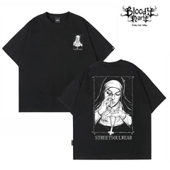 Trendy American retro dark style nun print short sleeved T-shirt for men and women, loose and heavyweight pure cotton high street style top
