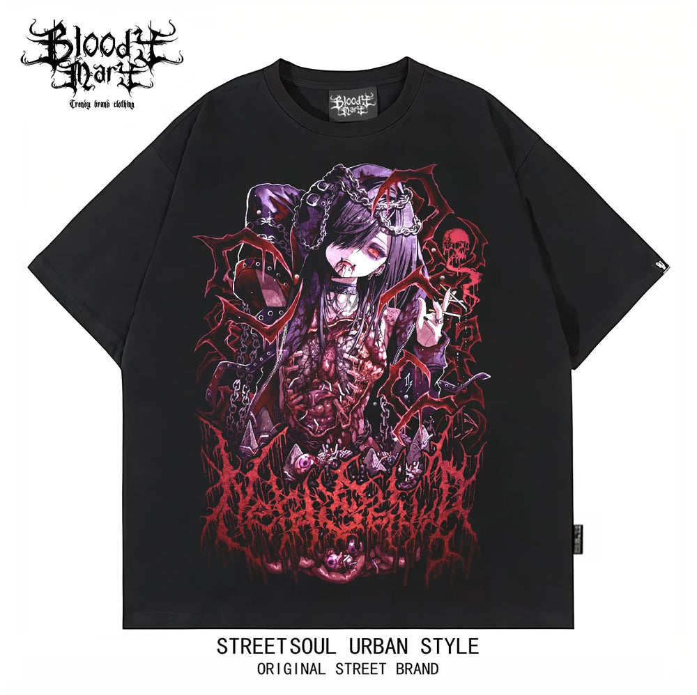 American Hip Hop Abby anime Black Short Sleeve T-shirt Men's and Women's Loose Printed Cotton Rock Personality Top