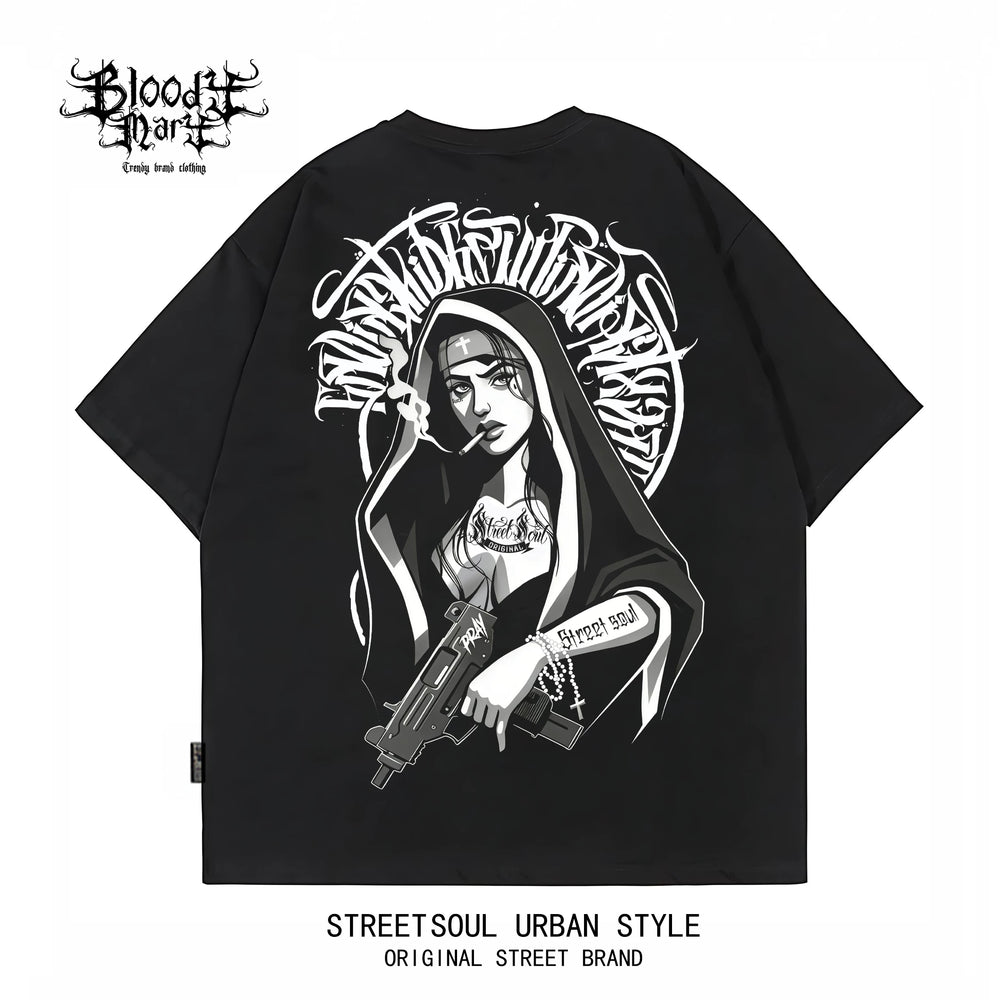 Trendy American Hip Hop Flower Font Black Short Sleeve T-shirt Loose Cotton Heavy Print Top Street West Coast