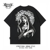 Trendy American Hip Hop Flower Font Black Short Sleeve T-shirt Loose Cotton Heavy Print Top Street West Coast