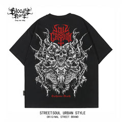 Dark style skull print short sleeved T-shirt for both men and women, loose street retro rock top
