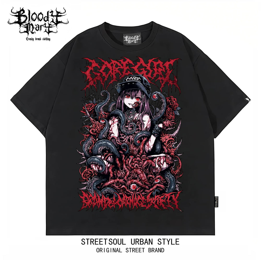 American hip-hop style gothic anime printed short sleeved T-shirts for men and women loose heavy weight cotton dark rock trendy brand